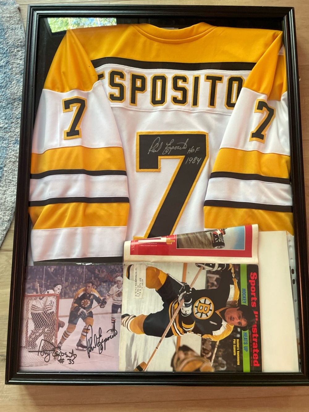 Signed Esposito #7 Framed Hockey Jersey - Yellow & White